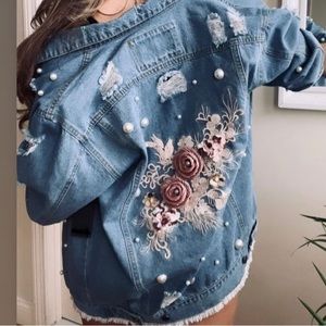 Hand made Pearls and flowers Jean jacket